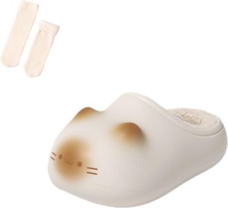 Generic Cat Slippers Womens Cute Cat Slippers with Plush Liner Waterproof Funny Animal Slides Warm Kawaii Gifts (Beige Classic, M, Adult, Women, 3.5, Numeric 