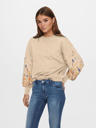 Only Sweatshirt ONLY ONLBROOKE L/S O-NECK FLOWER SWT, Damen, Gr. XL, pale khaki print:sleeve flower, Sweatware, Obermaterial: 60% Baumwolle, 40% Polyester,