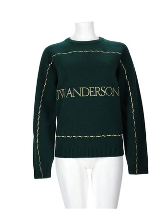 J.W.Anderson Deep Green Wool Sweater With Text Detail And Wavy Pattern