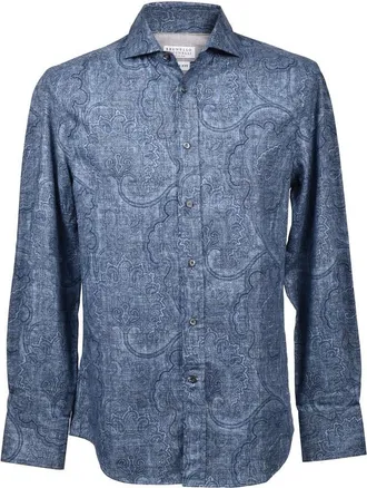 Brunello Cucinelli MenS Blue Paisley Denim-Style Shirt, Size XL