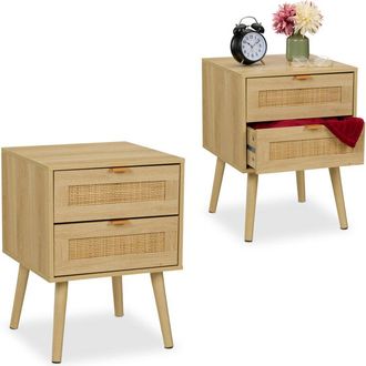 Relaxdays Relaxdays Mesita De Noche, Cajones, Set De 2, Estilo Rat&aacute;n, Mesilla Dormitorio Efecto Madera, 55 X 40 X 41,5 Cm, Natural
