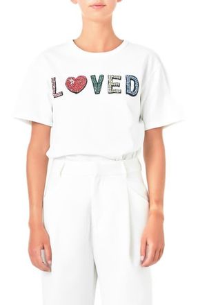 endless rose Loved Crystal Appliqu&eacute; T-Shirt in White at Nordstrom, Size X-Small