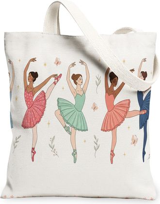 Generic Artistic Dancer Canvas Tote Bags, Vintage Ballerina Design Reusable Grocery Bags, Lightweight Washable Shoulder Strap, White, 13x15 Inch