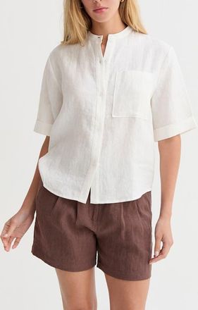 Crescent Mandarin Collar Button Up Linen Top in White at Nordstrom, Size Small Short