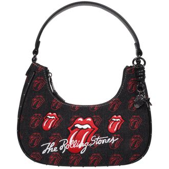THE ROLLING STONES All-Over Tongue Logo Black Denim Small Hobo Bag - Embroidered Graphic, Studded Trim & Charm Detail