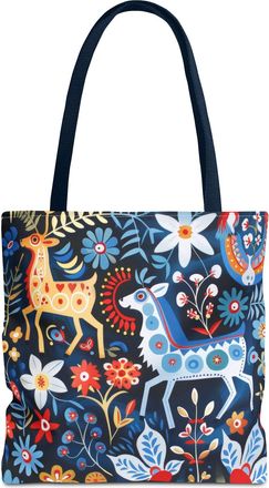 Generic Scandinavian Folk Horses Tote Bag, Folk Art Reusable Shopping Bag, Nordic Design Beach Tote, Scandinavian Style Shoulder Bag, Navy, 16 × 16