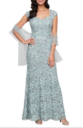 Alex Evenings Soutache Mermaid Gown with Shawl in Ice Sage at Nordstrom, Size 16P