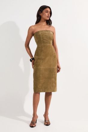 Karen Millen Womens Suede Whipstitch Detail Bandeau Midi Dress - Green - Size 16 UK