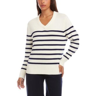 Karen Kane Stripe V-Neck Sweater in White/navy at Nordstrom, Size X-Large