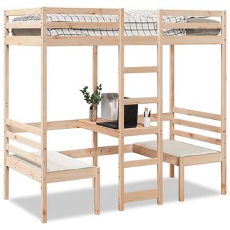Berkfield Home Loft Bed Frame with Desk & Chairs 80x200cm Solid Wood Pine in Brown | Size: 80x200 cm