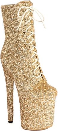 Generic Womens Fashion Glitter Platform Ankle Boots Lace Up Side Zipper Round Toe Ultra Stiletto High Heel Catwalk Dance Shoes (5.5,Gold)