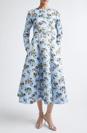 Emilia Wickstead Capucine Floral Long Sleeve Belted Genzianella Sateen Midi Dress in Floral Green/yellow On Blue at Nordstrom, Size 10 Us