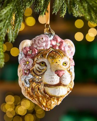 Jay Strongwater Metallic Tiger with Flower Crown Christmas Ornament