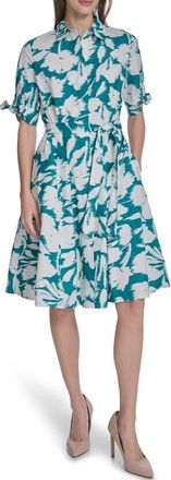 Calvin Klein Short Sleeve Cotton Shirtdress in Everglade/Cream at Nordstrom Rack, Size 12