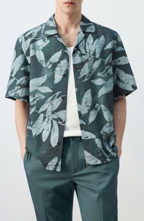 Mango Tropical Print Camp Shirt in Emerald Green at Nordstrom, Size Medium