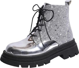 Generic Lace Up Boots Women Glitter Sequin Biker Boot Patent Leather Round Toe Low Chunky Low Heel Comfortable Sparkly Ankle Boots Party