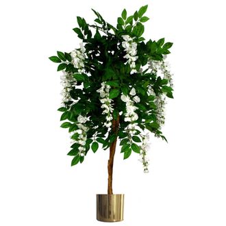 Leaf Artificial Wisteria Tree 130cm Luxury Wisteria 130cm Trunk Gold Metal Planter in Green