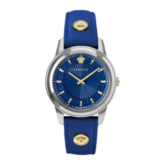 Versace Greca Leren Armbandhorloge met Studs - Dames - Horloges - Blauw - ONE Size - Accessoires