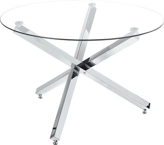 Beliani Mesa De Comedor De Metal Plateado 110 Cm Base Tablero De Vidrio Moderno Butler