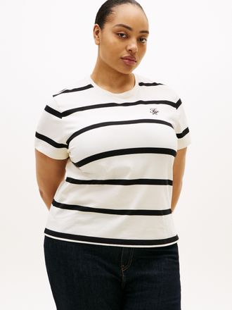 Tommy Hilfiger Kurzarmshirt TOMMY HILFIGER CURVE CRV TH SCRIPT REG C-NK SS TEE, Damen, Gr. 46, calico, schwarz stp, Single Jersey, Obermaterial: 95% Baumwolle, 5% El