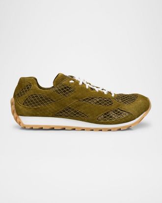 Bottega Veneta Mens Orbit Aged Leather and Fishnet Runner Sneakers