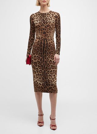 Dolce & Gabbana Leopard-Print Long-Sleeve Midi Dress
