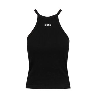 Msgm Zwarte Geribbelde Katoenen Top met Ronde Hals - Dames - Tops zonder mouwen - Zwart - M - Katoen - Tops
