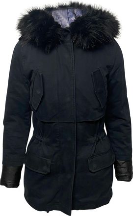 Maje lange donsjas met capuchon en bontkraag in blauw nylon