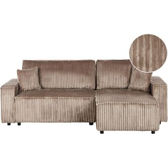 Beliani Sof&aacute; Cama Esquinero De Pana Funci&oacute;n Extra&iacute;ble Respaldo Tapizado Apto Para Mascotas Cojines Adicionales Izquierda Marr&oacute;n Claro Abacka