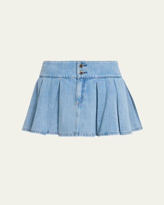 Alice & Olivia Amy Low-Rise Pleated Denim Mini Skirt