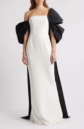 Marchesa Cape Back Column Gown in Ivory Black at Nordstrom, Size 10