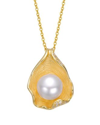 Genevive 14K Over Silver 10Mm Pearl Cz Pendant Necklace