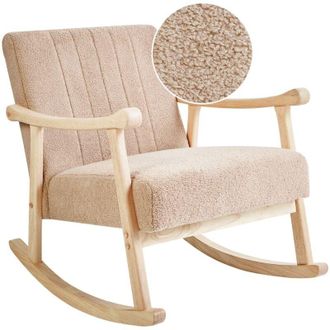 Beliani Poltrona a dondolo con rivestimento in boucl&eacute; beige gambe in legno di gomma e braccioli Leknes