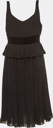 Emporio Armani Black Velvet Trim Crepe Pleated Midi Dress