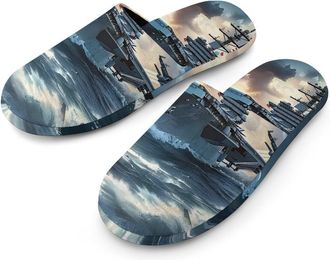 Generic Warship Battleship Military Jet Airplane Mens Cozy House Slippers Winter Warm Shoes with Anti-Slip Sole for Travel Indoor Outdoor