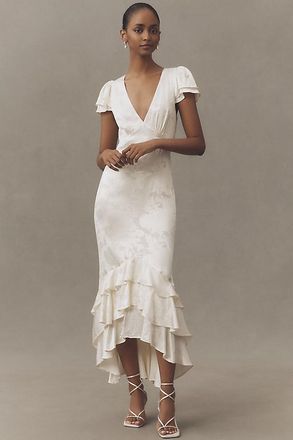 BHLDN Ruffle V-Neck Textured Midi Dress