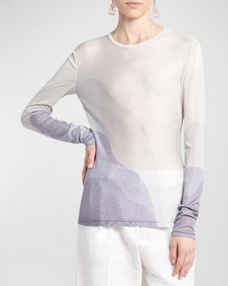 Giorgio Armani Wave-Print Long-Sleeve Metallic Silk Jersey Knit Top