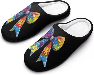 Generic Autism Awareness Bow Mens House Slippers Memory Foam Washable Cotton Slip on Home Shoes