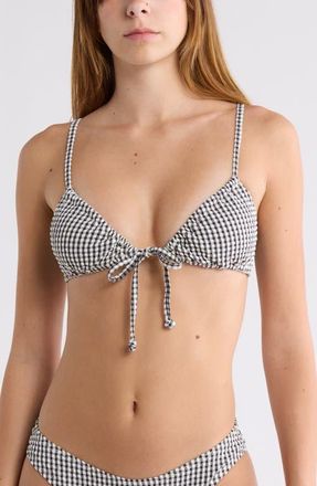 Billabong Cara Wave Check Tie Front Bikini Top in Black Pebble at Nordstrom, Size X-Small