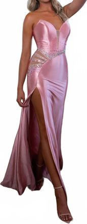 Rachel Allan Strapless Thigh-High Slit Prom Gown In Pink