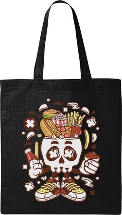 Generic Junk Food Skull Fast Food Burger Hot Dog Fries Natural Ecological Cotton Tote Bag Black