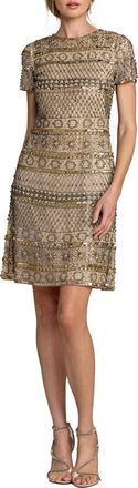 Mac Duggal Short Sleeve Embelleshed Mesh Mini Dress in Nude Gold at Nordstrom, Size 14