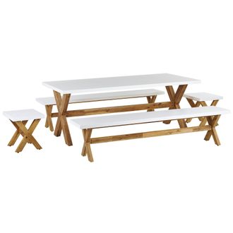 Beliani Comedor De Jard&iacute;n De Cemento Y Madera 8 Personas Mesa 2 Bancos 2 Taburetes Olbia