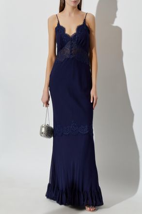 Self Portrait Strappy Dress With Lace Inserts, Womens, Navy Blue