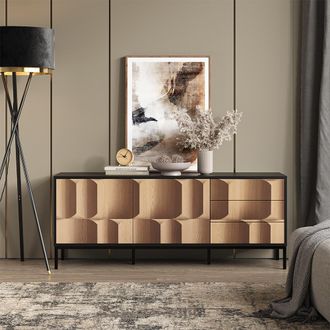 Vicco Tablero Bajo Eliza, Negro/roble, 150 X 60 Cm Con 3 Cajones Vicco