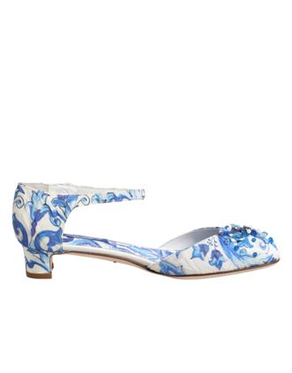 Dolce & Gabbana White Blue Floral Crystal Ankle Straps Womens Shoes