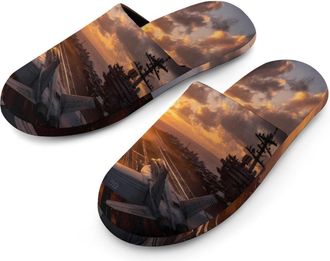 Generic US Military Fighter Jet Airplane Sunset Mens Slippers Warm Non-Slip Houes Shose Spa Slipper for Home Bedroom