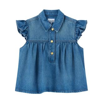 Ganni Blouses, female, Blue, Size: M Denim Ruffle Top