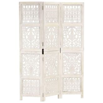 vidaXL Biombo 3 Paneles Tallado A Mano Madera Mango Blanco 120x165 Cm Vidaxl