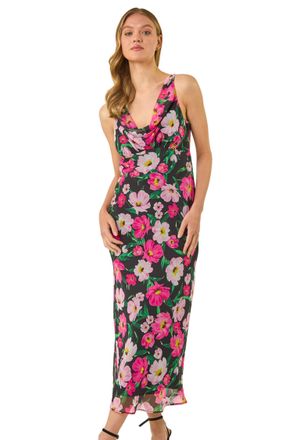 Roman Womens Floral Print Cowl Neck Midi Dress - Black - Size 18 UK